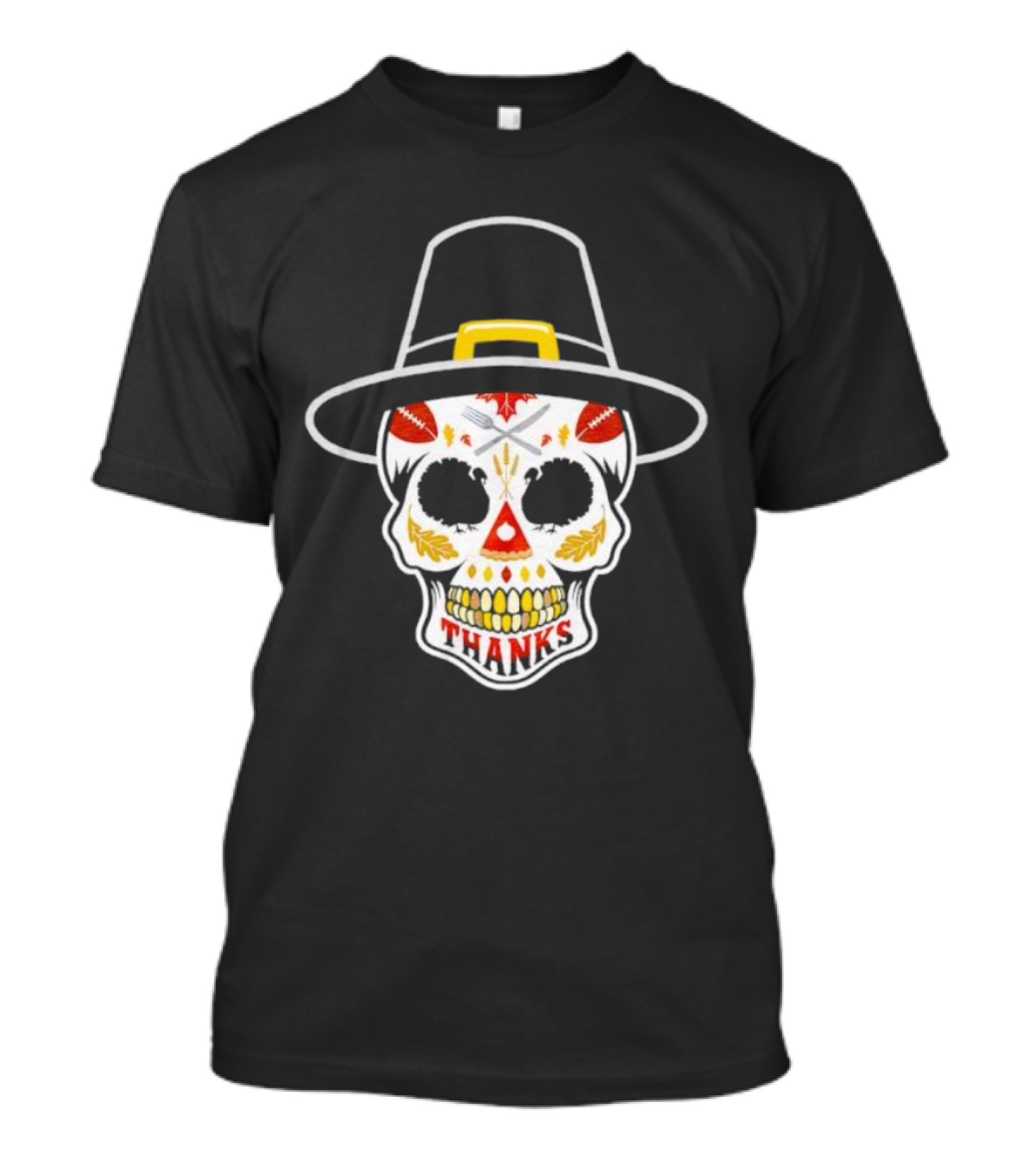 Thanksgiving Sugar Skull Thanks Pilgrim Hat Football Leaves T-Shirt