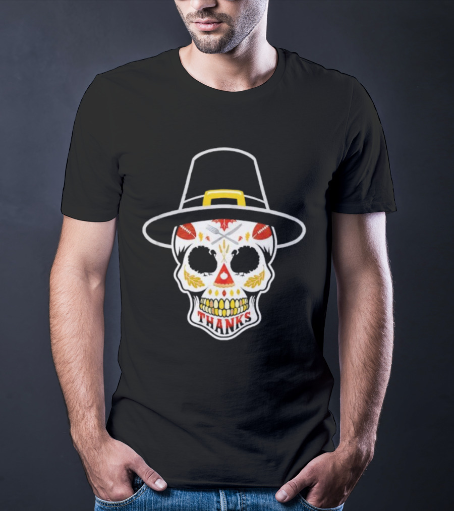 Thanksgiving Sugar Skull Thanks Pilgrim Hat Football Leaves T-Shirt