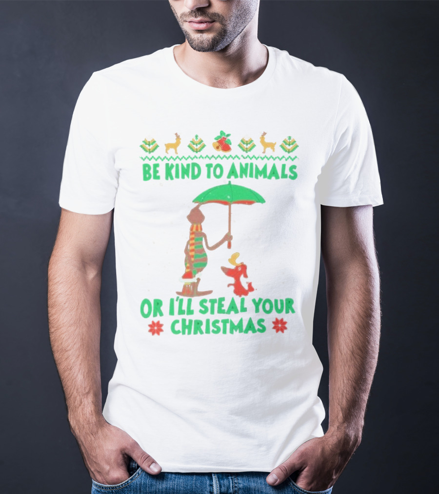 Be Kind To Animals Or I’ll Steal Your Christmas Grinch And Dog With Holiday Symbols T-Shirt
