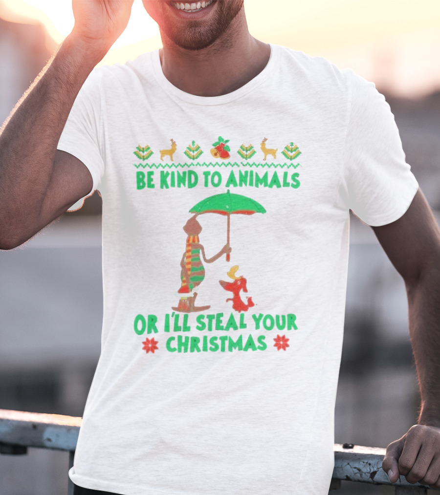 Be Kind To Animals Or I’ll Steal Your Christmas Grinch And Dog With Holiday Symbols T-Shirt