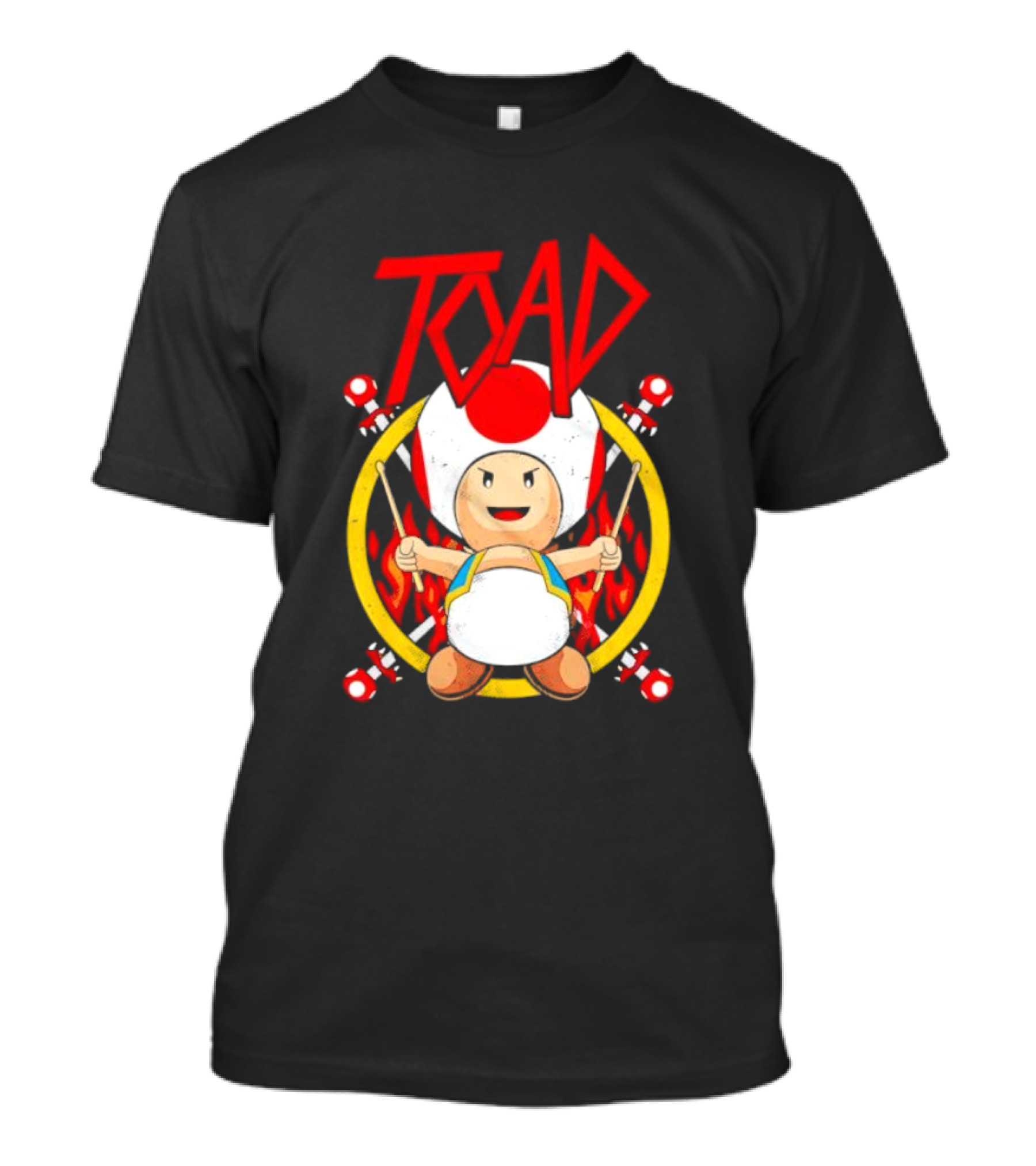 TOAD Heavy Metal Mushroom Drummer With Drumsticks And Flames Background T-Shirt