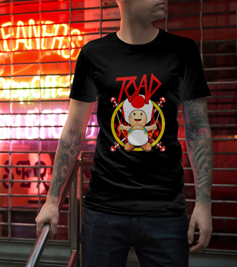 TOAD Heavy Metal Mushroom Drummer With Drumsticks And Flames Background T-Shirt