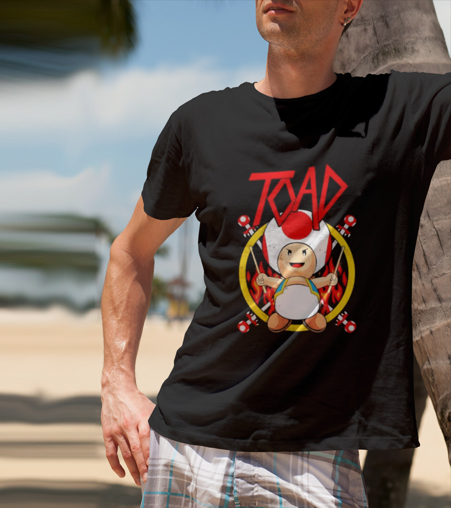 TOAD Heavy Metal Mushroom Drummer With Drumsticks And Flames Background T-Shirt