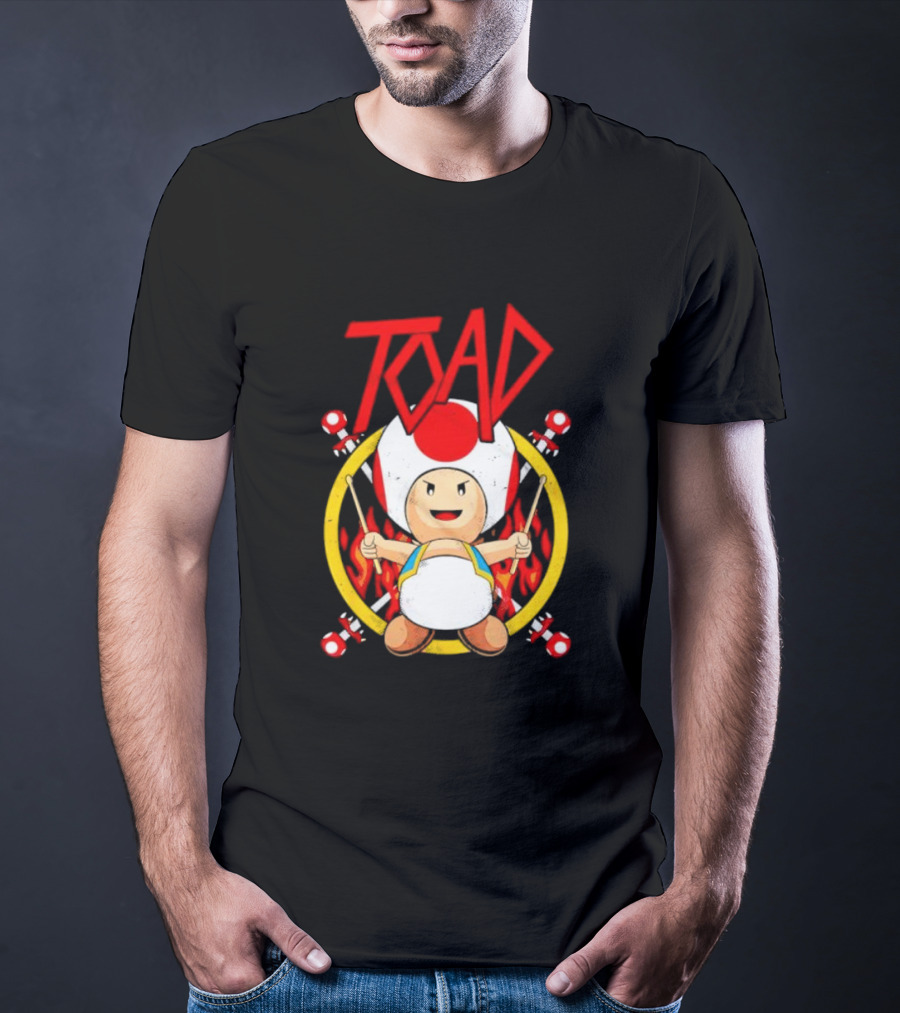 TOAD Heavy Metal Mushroom Drummer With Drumsticks And Flames Background T-Shirt