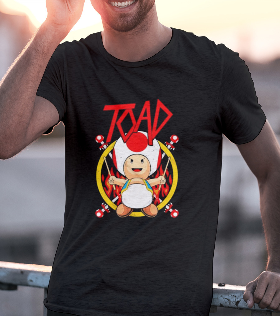 TOAD Heavy Metal Mushroom Drummer With Drumsticks And Flames Background T-Shirt