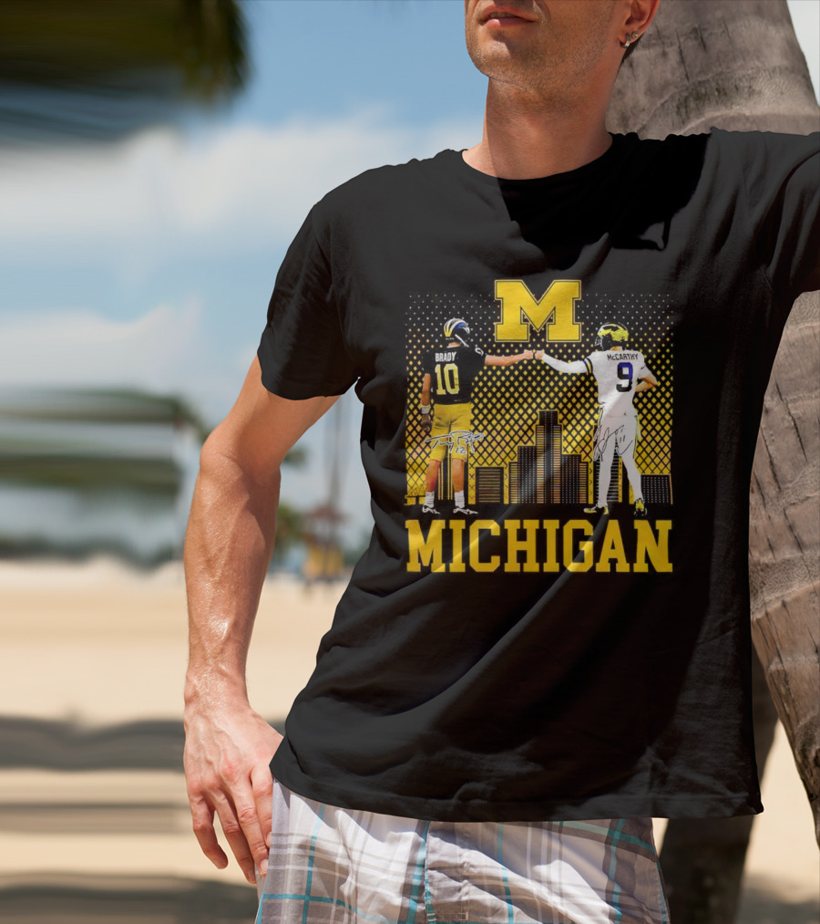 Michigan Wolverines Tom Brady Jj McCarthy Iconic Players Fist Bump Skyline T-Shirt