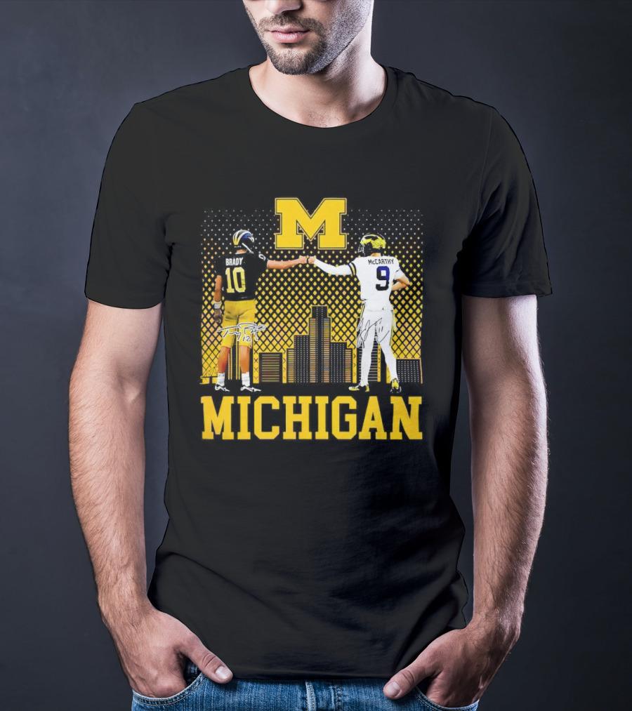 Michigan Wolverines Tom Brady Jj McCarthy Iconic Players Fist Bump Skyline T-Shirt