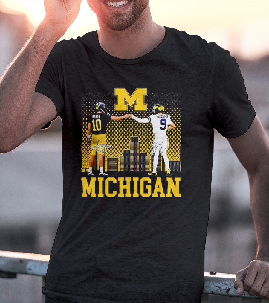 Michigan Wolverines Tom Brady Jj McCarthy Iconic Players Fist Bump Skyline T-Shirt