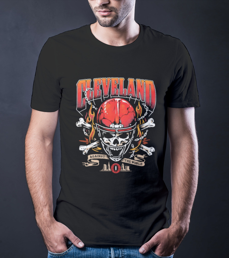 Cleveland Against The World Skull Helmet Flames Crossbones T-Shirt