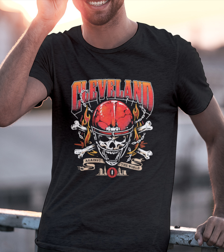 Cleveland Against The World Skull Helmet Flames Crossbones T-Shirt