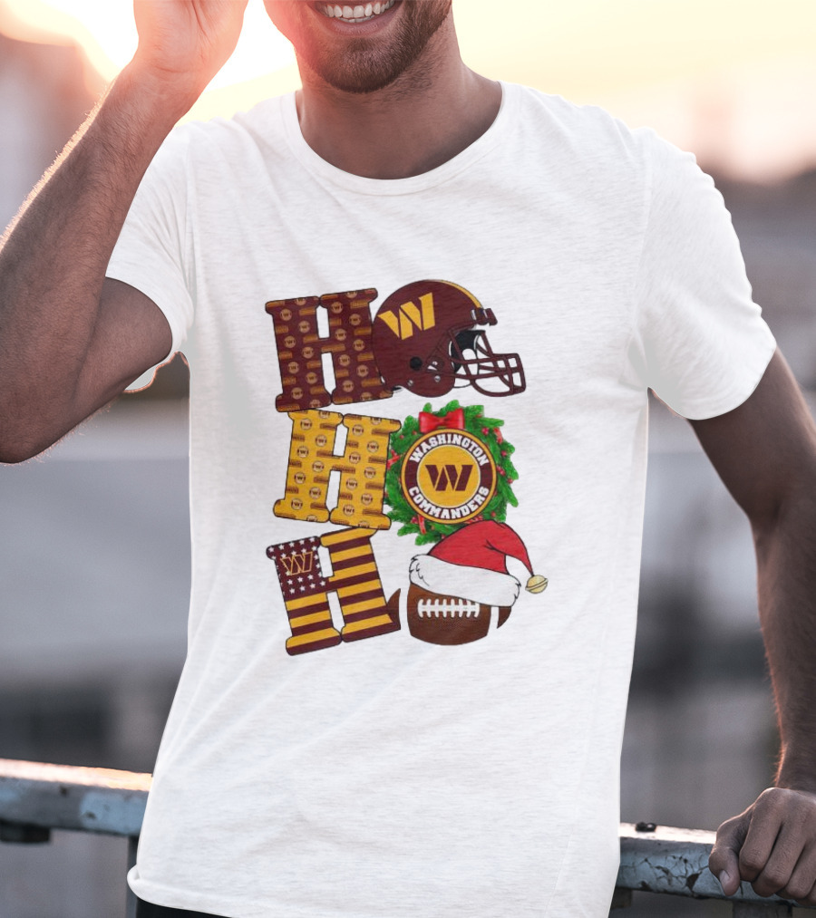 Washington Commanders Helmet Wreath Football Ho Ho Ho Merry Christmas T-Shirt