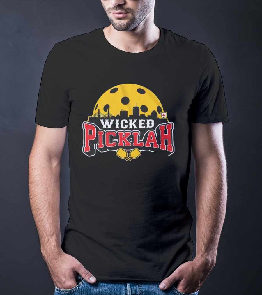 Wicked Picklah Boston Skyline Pickleball Paddle Bridge T-Shirt