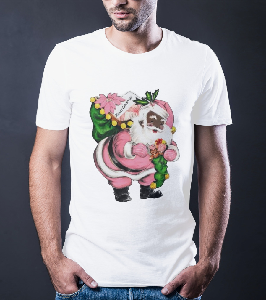 Merry Christmas Santa Claus Wear Pink Outfit With Sack And Toys T-Shirt