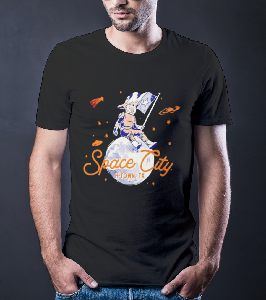 Space City H-Town TX Astronaut On Moon With Saturn And Stars T-Shirt