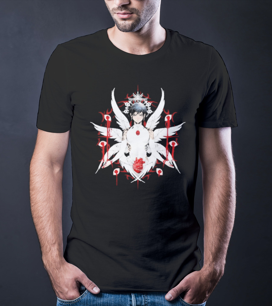 W6rst Maza Anime Angelic Figure With Wings And Red Accents T-Shirt