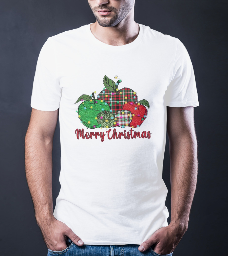 Merry Christmas Apples Plaid And Lights T-Shirt