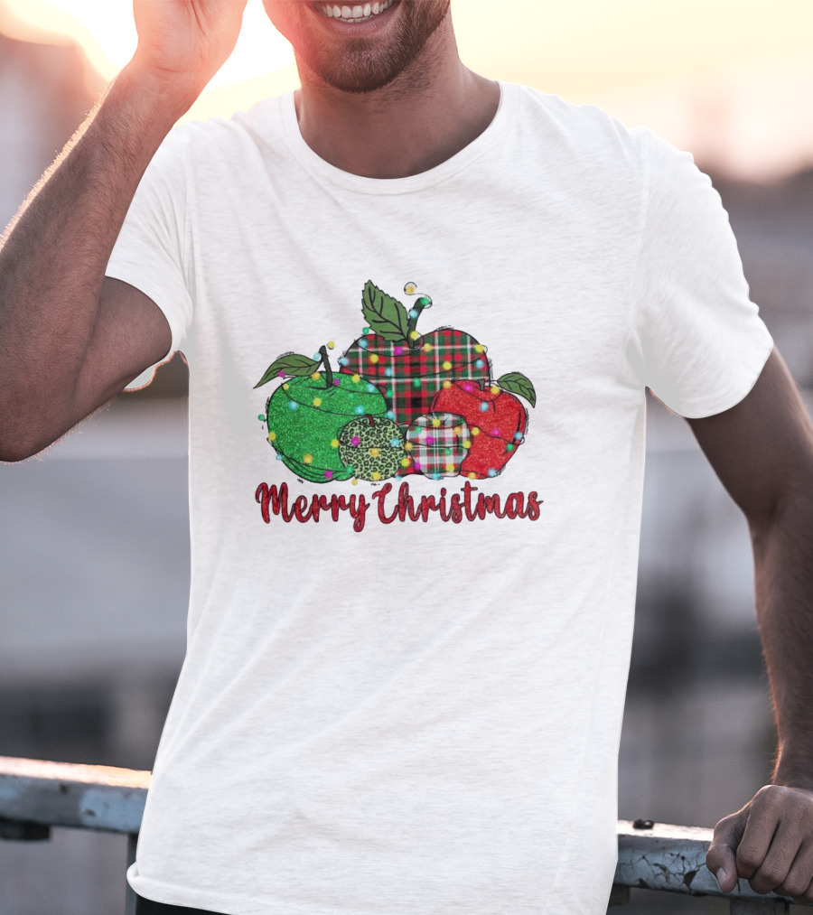 Merry Christmas Apples Plaid And Lights T-Shirt