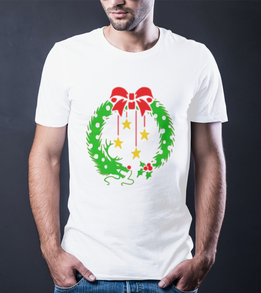 Christmas Wreath Dragon With Four Stars And Red Bow T-Shirt