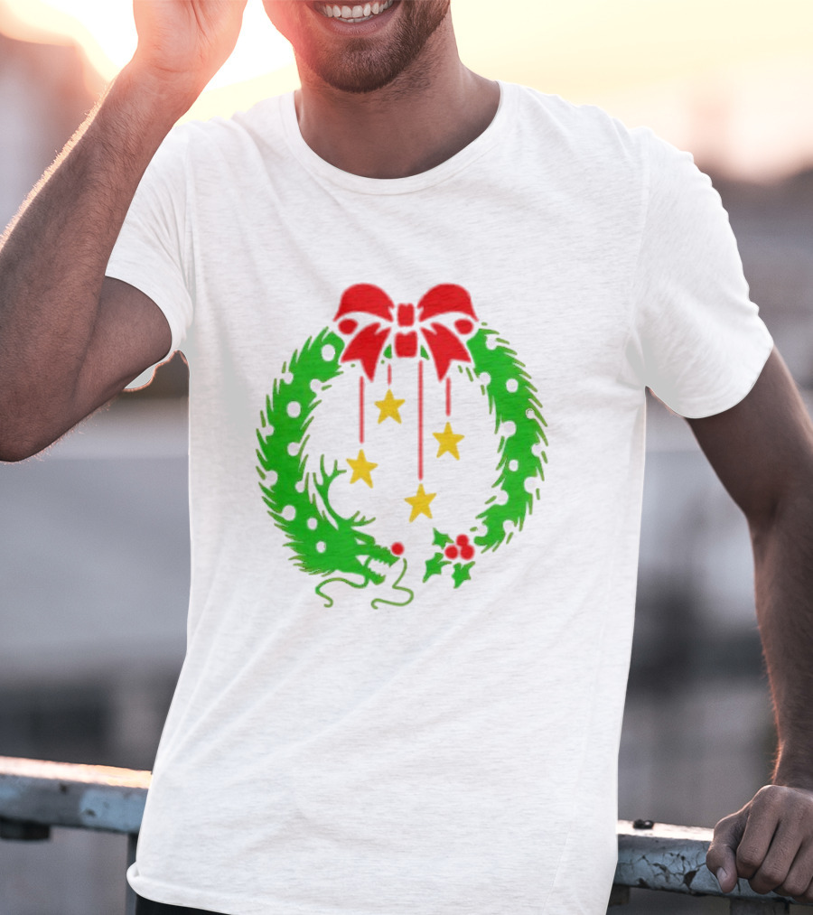 Christmas Wreath Dragon With Four Stars And Red Bow T-Shirt