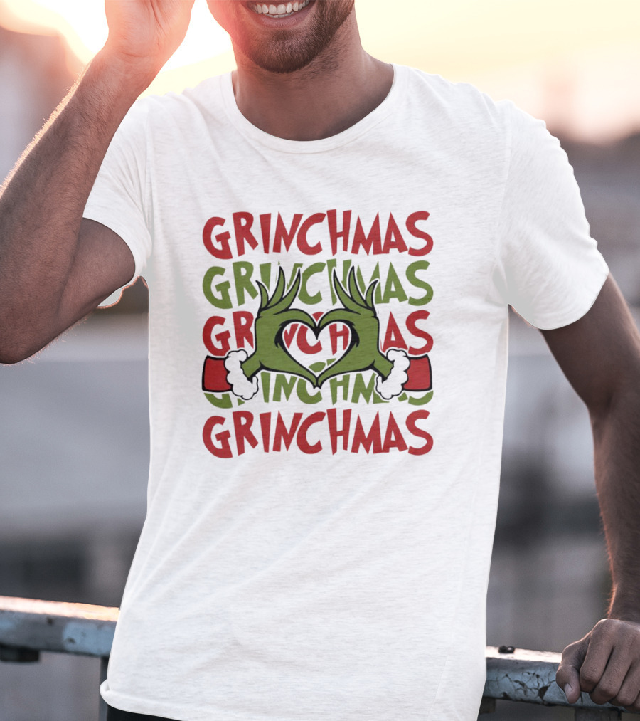 Grinch Hand Heart Love Grinchmas Repeating Text T-Shirt