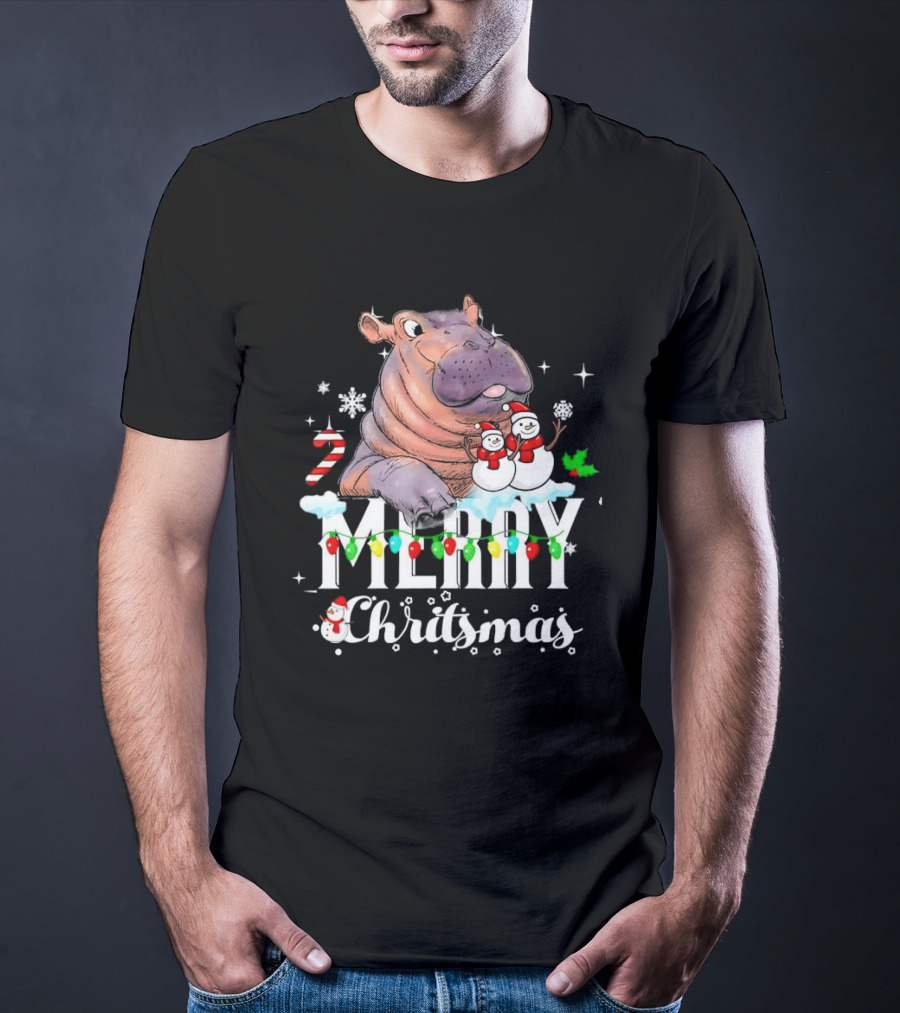 Hippo Merry Christmas Snowmen Candy Cane Lights T-Shirt
