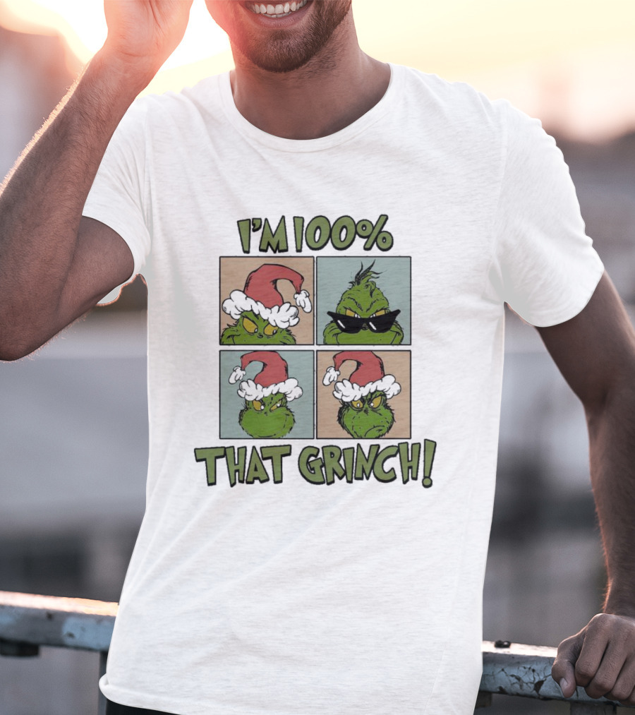 I'm 100% That Grinch Christmas Icon With Santa Hat And Sunglasses T-Shirt