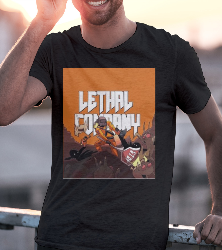 Lethal Company Stop Sign Creature Battle Scene T-Shirt