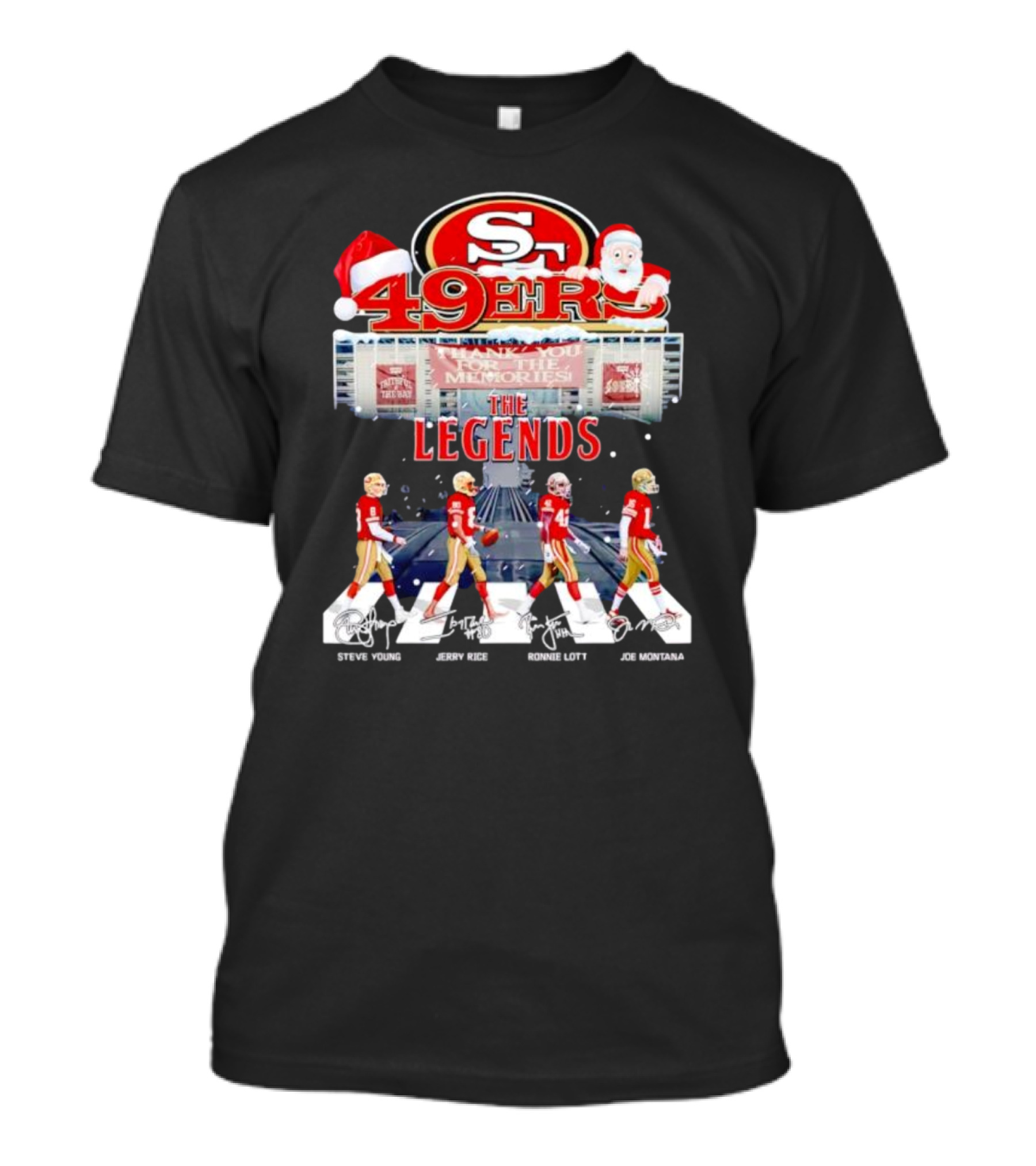49ers The Legends Abbey Road Steve Young Jerry Rice Ronnie Lott Joe Montana Christmas Signatures T-Shirt
