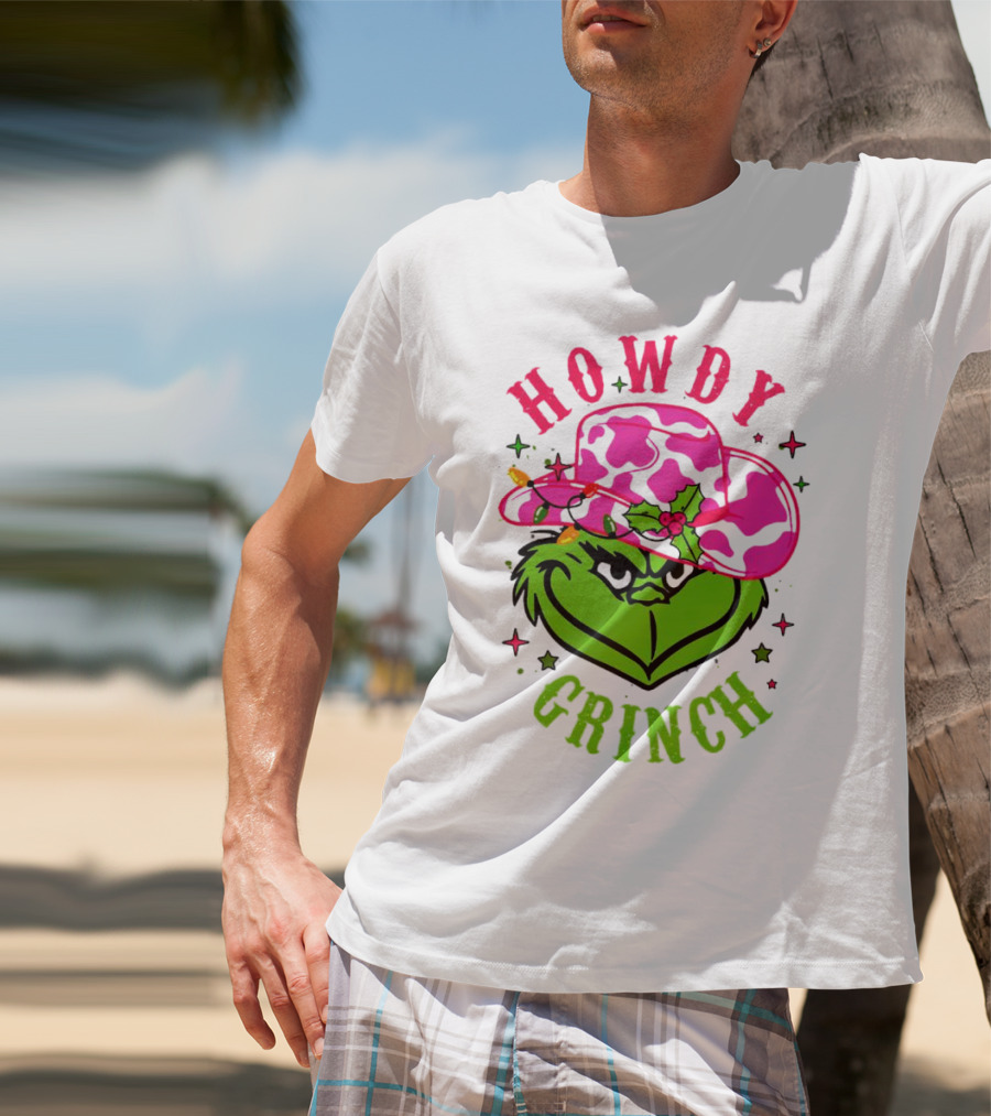 Howdy Grinch Christmas Cowboy Hat Festive Lights T-Shirt