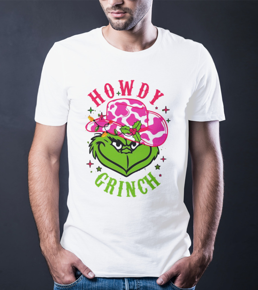 Howdy Grinch Christmas Cowboy Hat Festive Lights T-Shirt