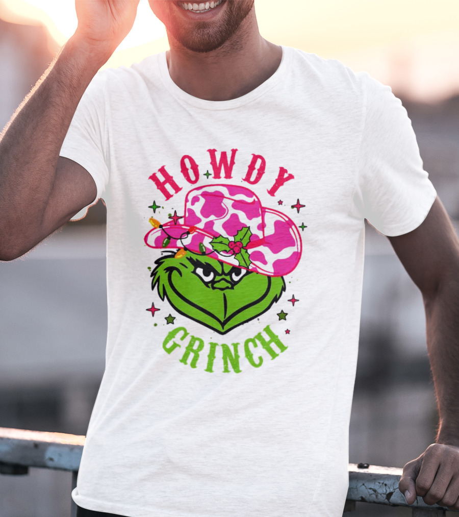 Howdy Grinch Christmas Cowboy Hat Festive Lights T-Shirt