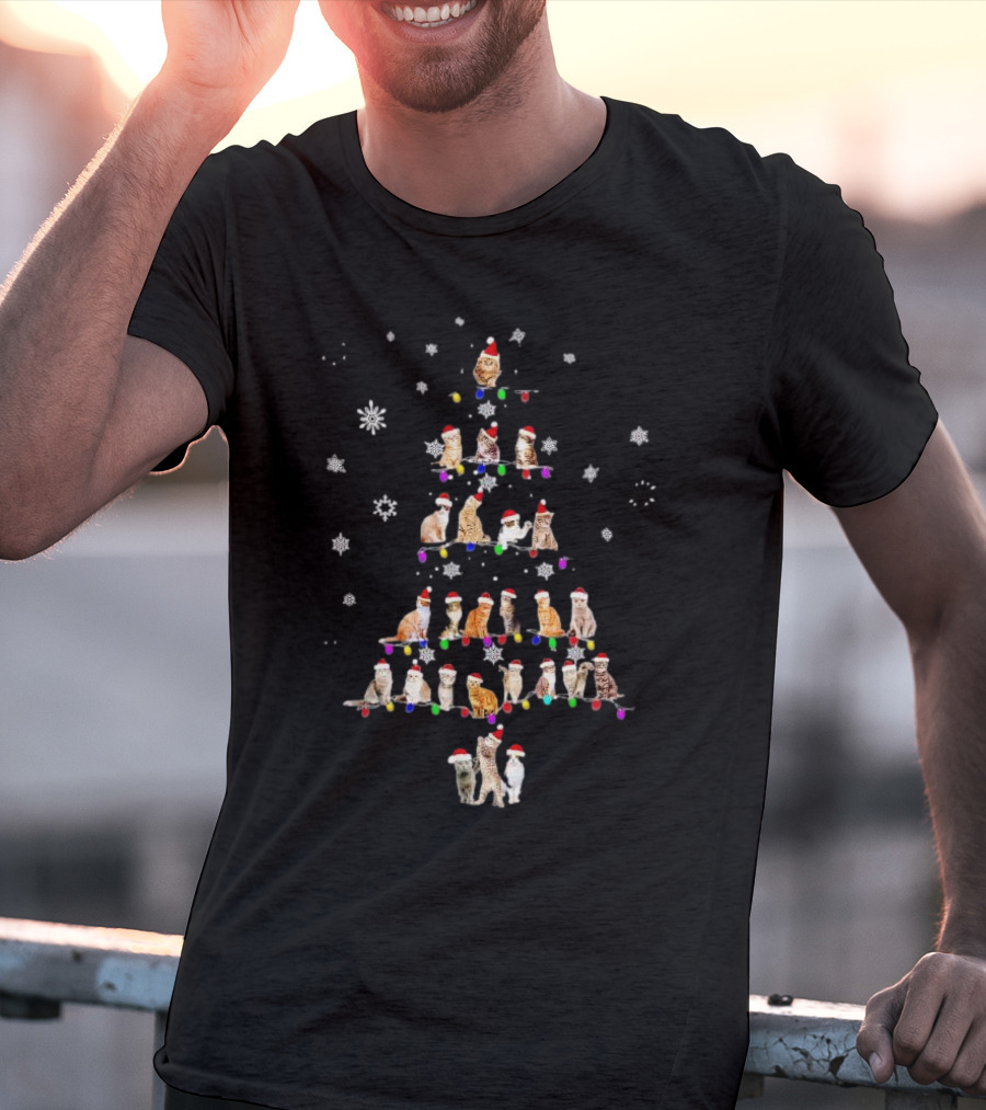 Cats With Santa Hats And Christmas Lights In Tree Shape T-Shirt
