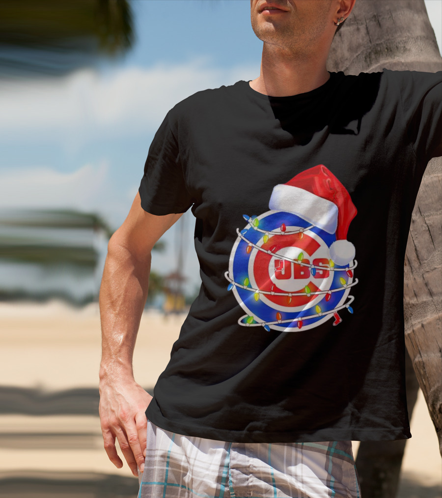 Chicago Cubs Festive Christmas Lights With Santa Hat T-Shirt