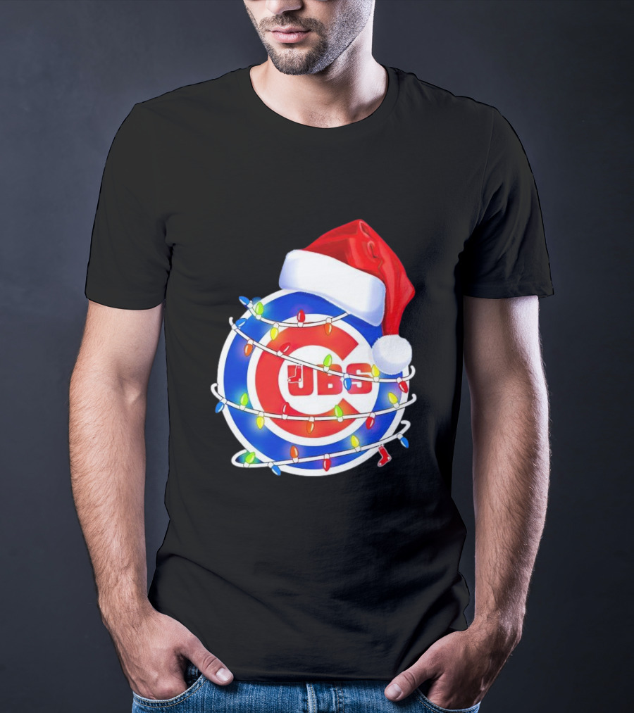 Chicago Cubs Festive Christmas Lights With Santa Hat T-Shirt