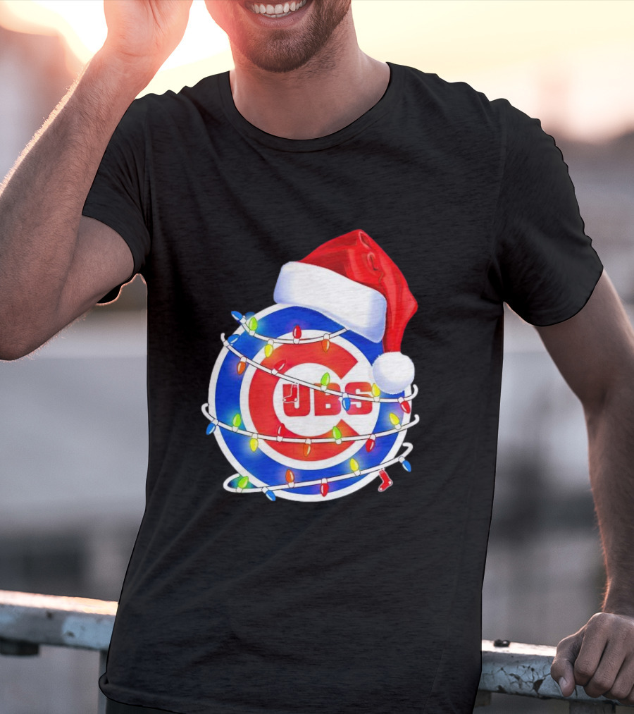 Chicago Cubs Festive Christmas Lights With Santa Hat T-Shirt