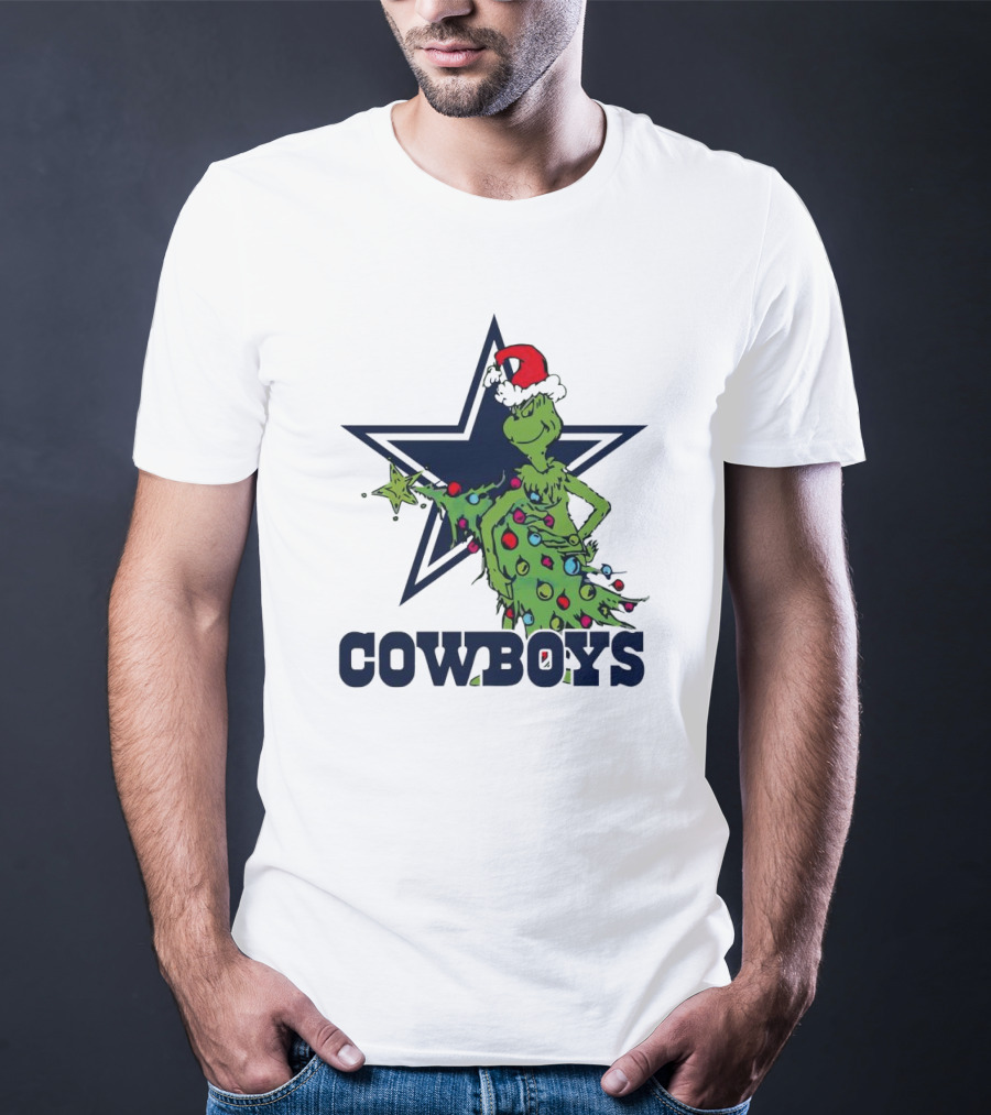 Dallas Cowboys Grinch In Santa Hat With Christmas Tree And Star T-Shirt