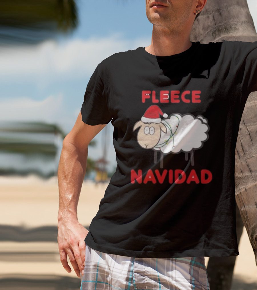 Fleece Navidad Christmas Sheep With Santa Hat And Festive Lights T-Shirt