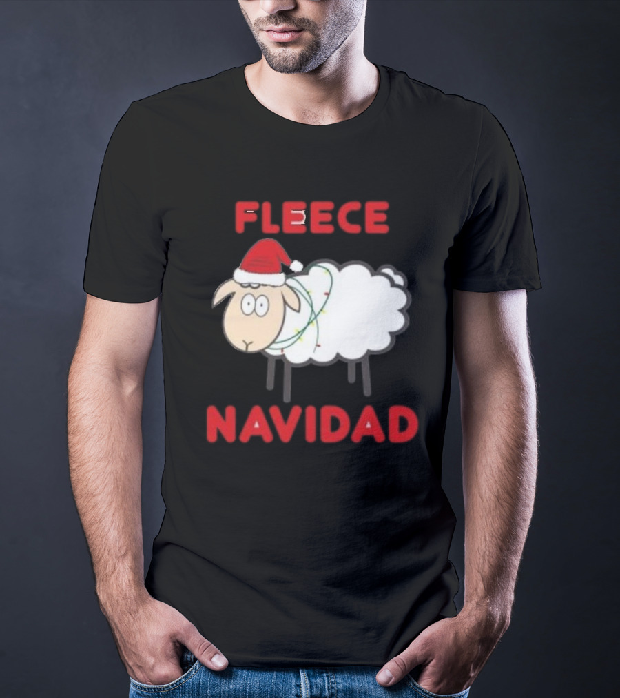 Fleece Navidad Christmas Sheep With Santa Hat And Festive Lights T-Shirt