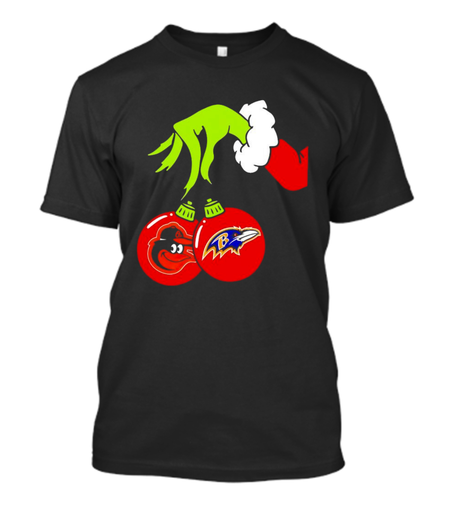 Grinch Hand Holding Baltimore Ravens And Orioles Christmas Ornaments T-Shirt