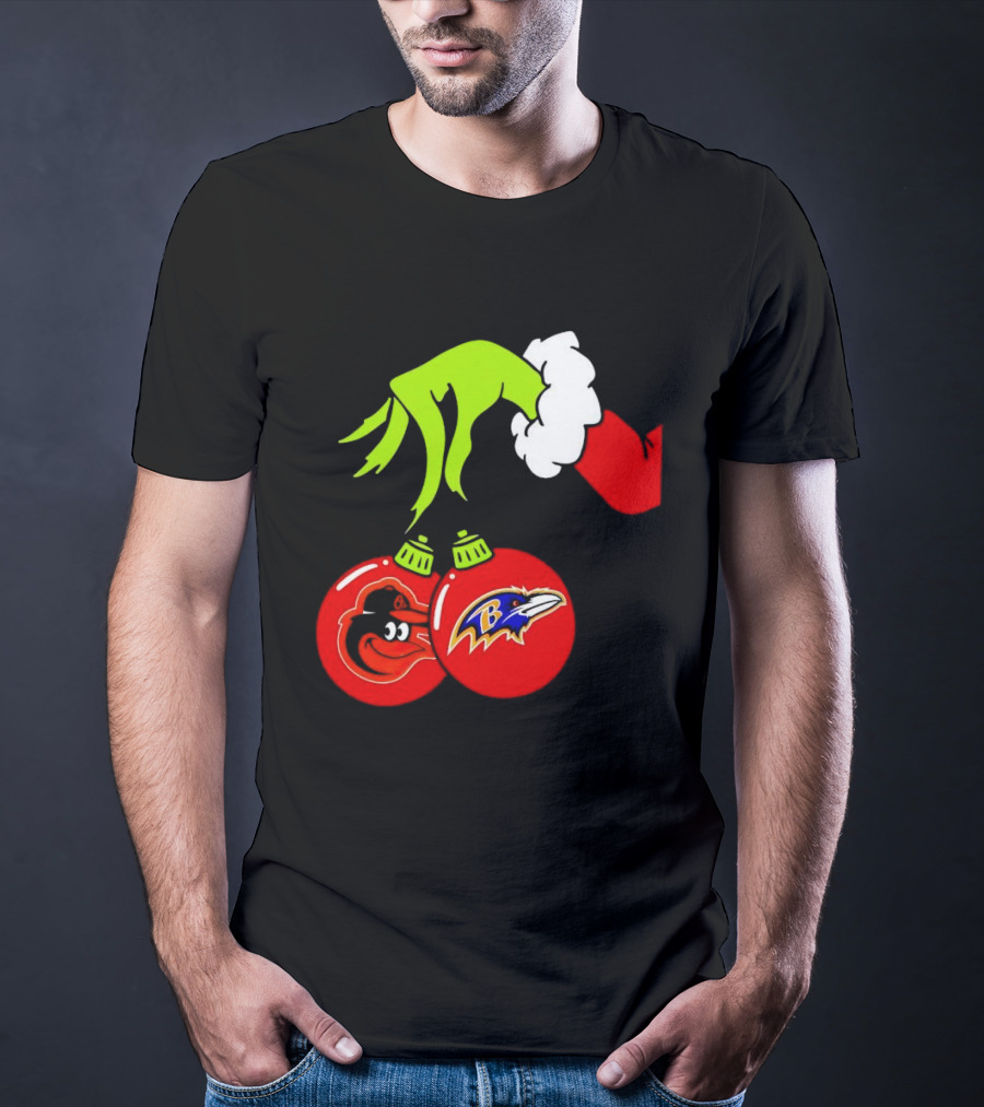 Grinch Hand Holding Baltimore Ravens And Orioles Christmas Ornaments T-Shirt
