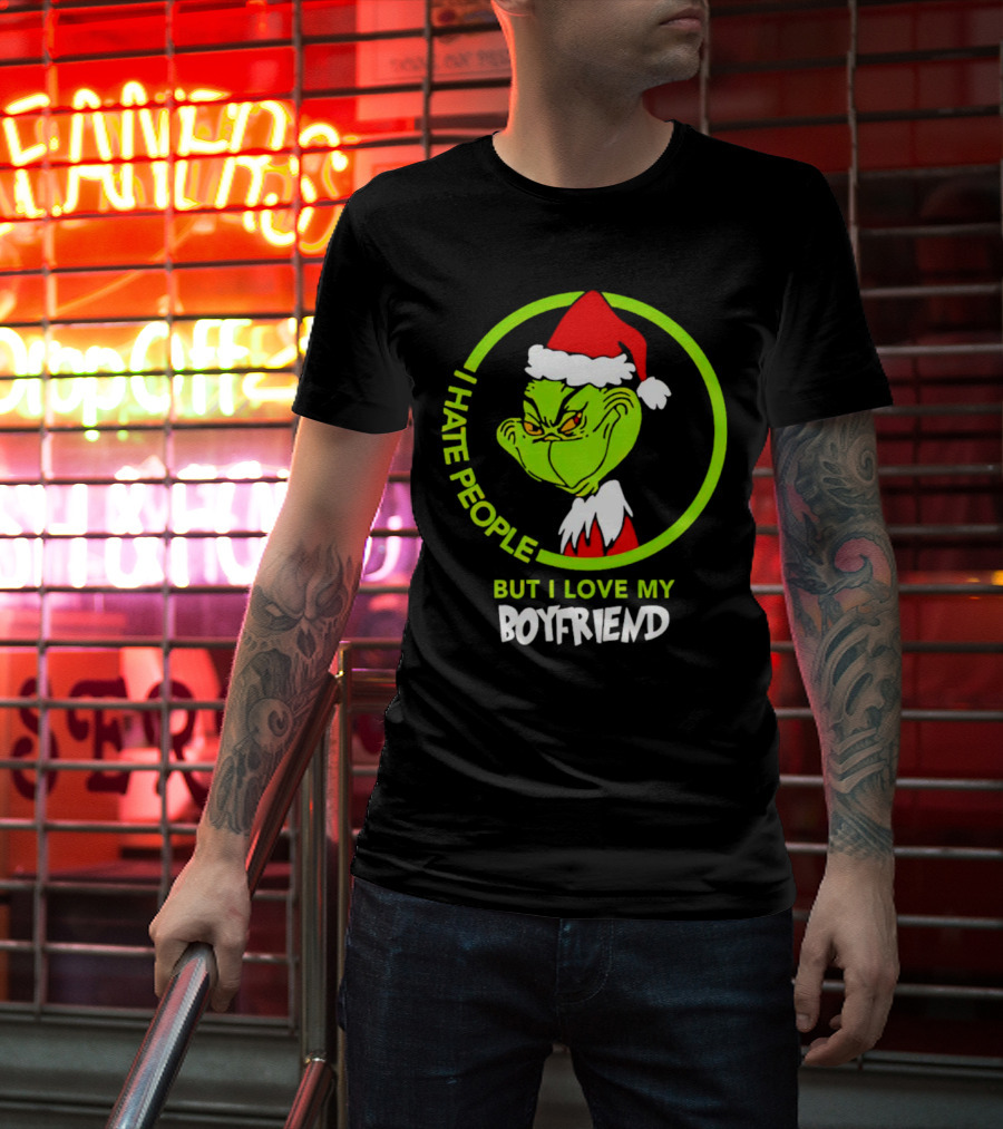 Grinch I Hate People But I Love My Boyfriend Christmas Santa Hat T-Shirt