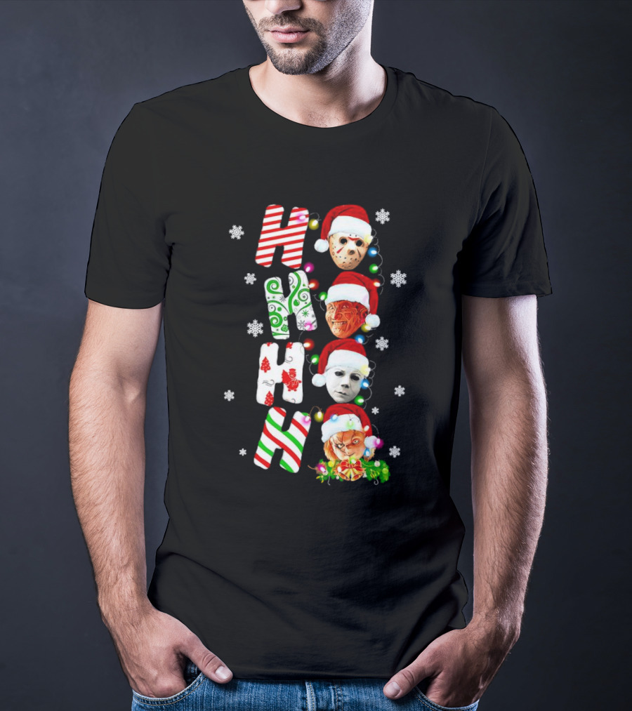 Ho Ho Ho Horror Movies Characters Christmas Snowflakes Santa Hats T-Shirt