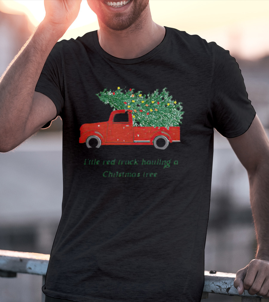Little Red Truck Hauling Christmas Tree Festive Vintage Holiday Scene T-Shirt