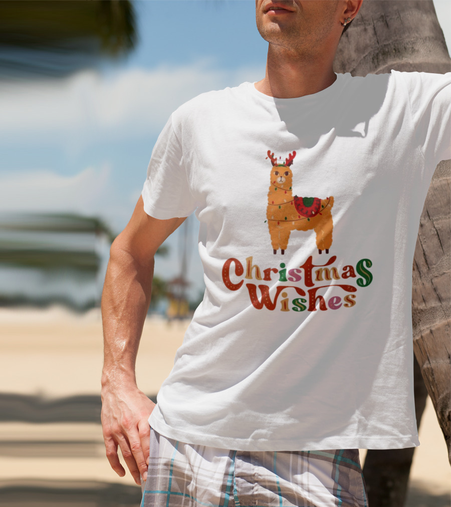 Christmas Wishes Llama Reindeer With Lights T-Shirt