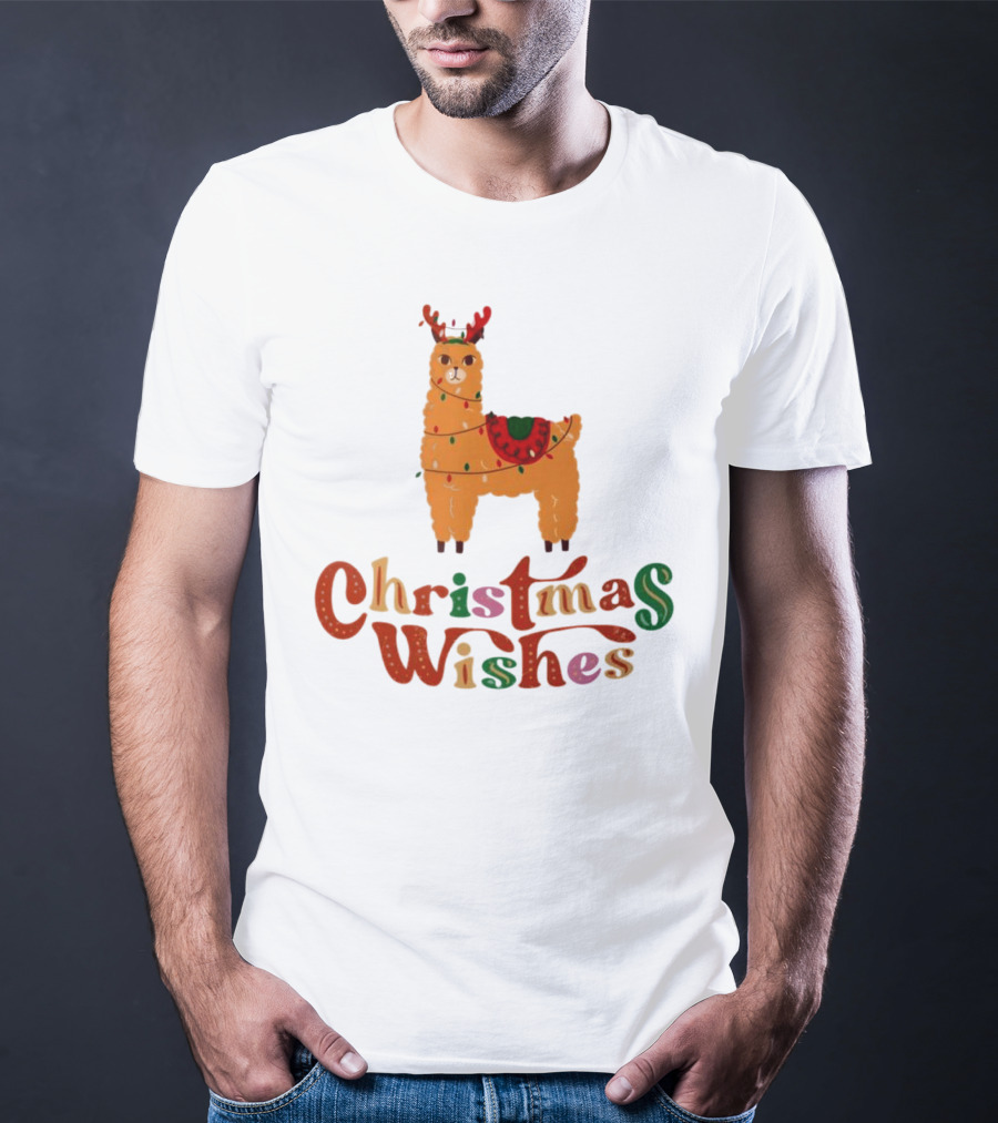 Christmas Wishes Llama Reindeer With Lights T-Shirt