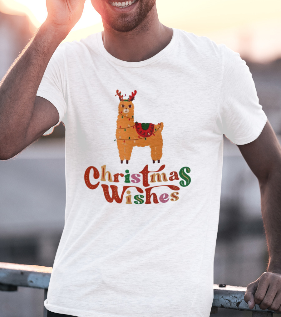 Christmas Wishes Llama Reindeer With Lights T-Shirt