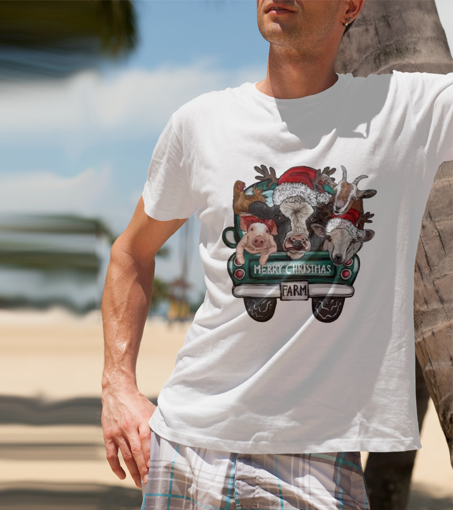 Merry Christmas Farm Animals In Holiday Truck T-Shirt