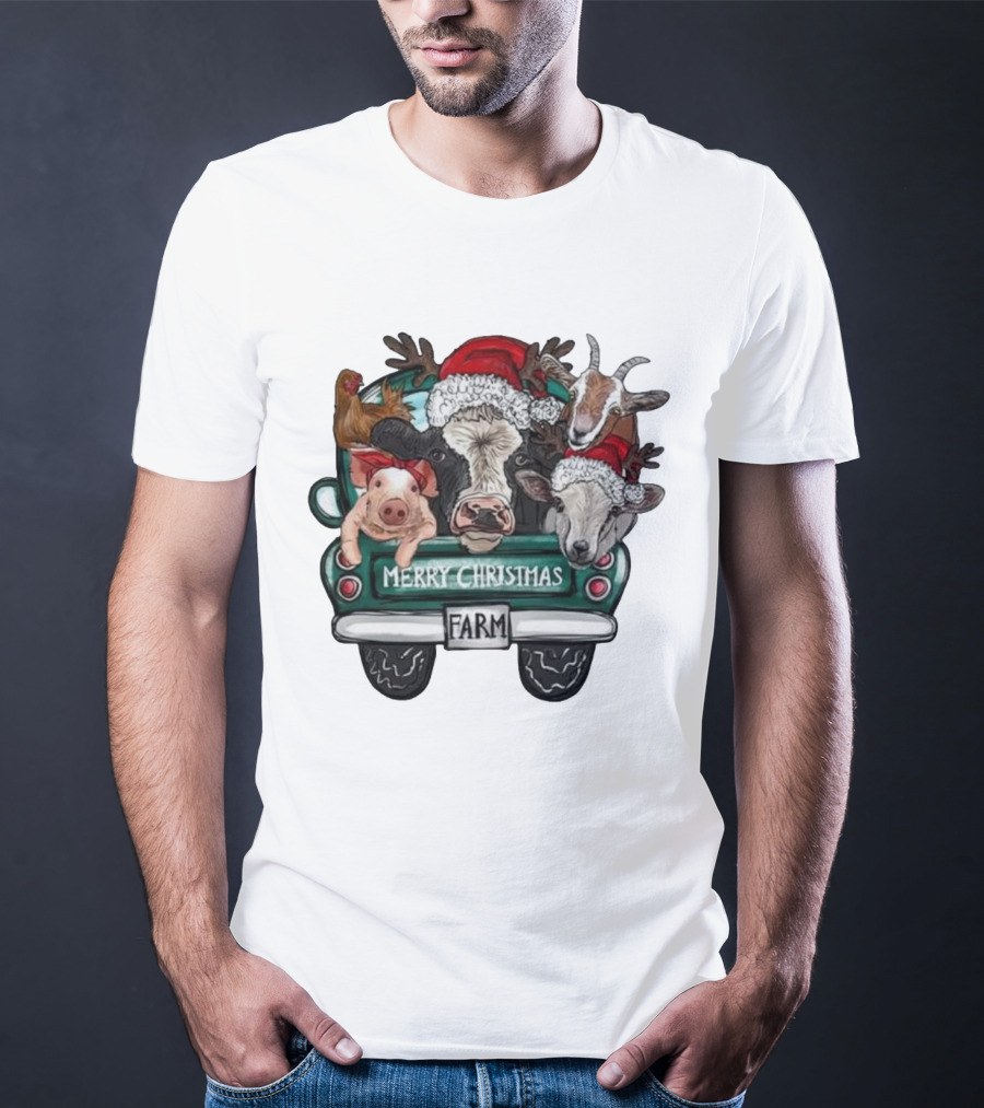 Merry Christmas Farm Animals In Holiday Truck T-Shirt