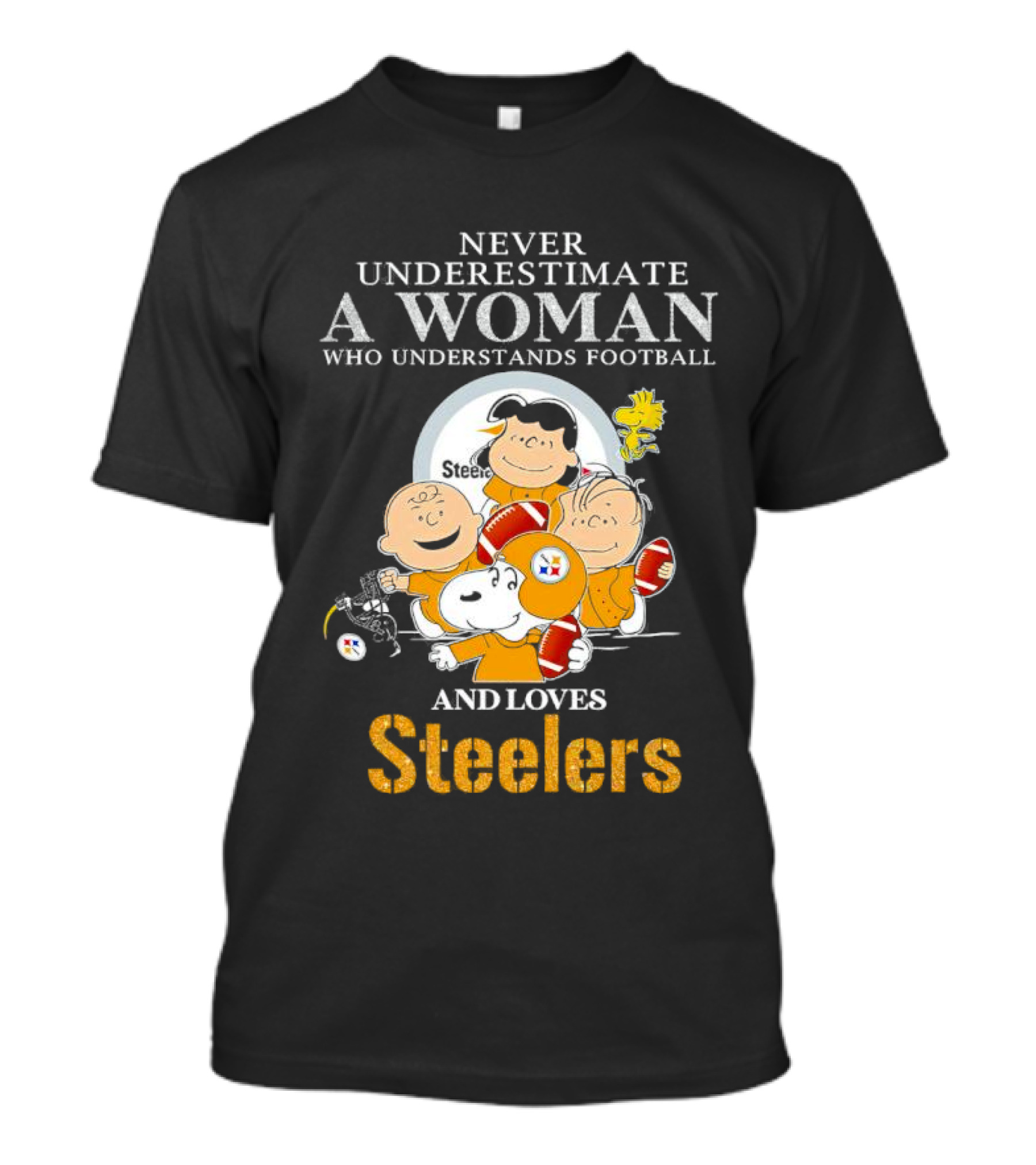 Peanuts Characters Never Underestimate A Woman Who Loves Steelers Football T-Shirt
