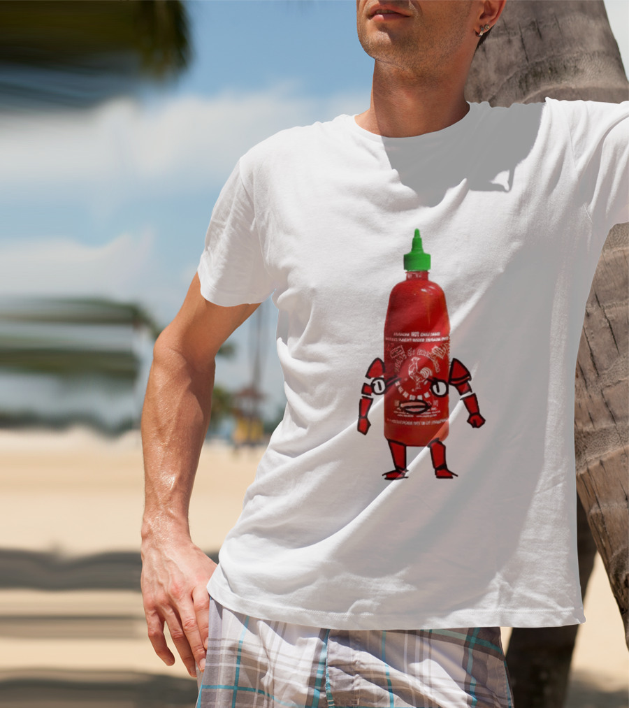 Sriracha Sauce Animated Bottle Character With Green Cap T-Shirt
